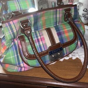Chaps Colorful Plaid Satchel with Brown Accents